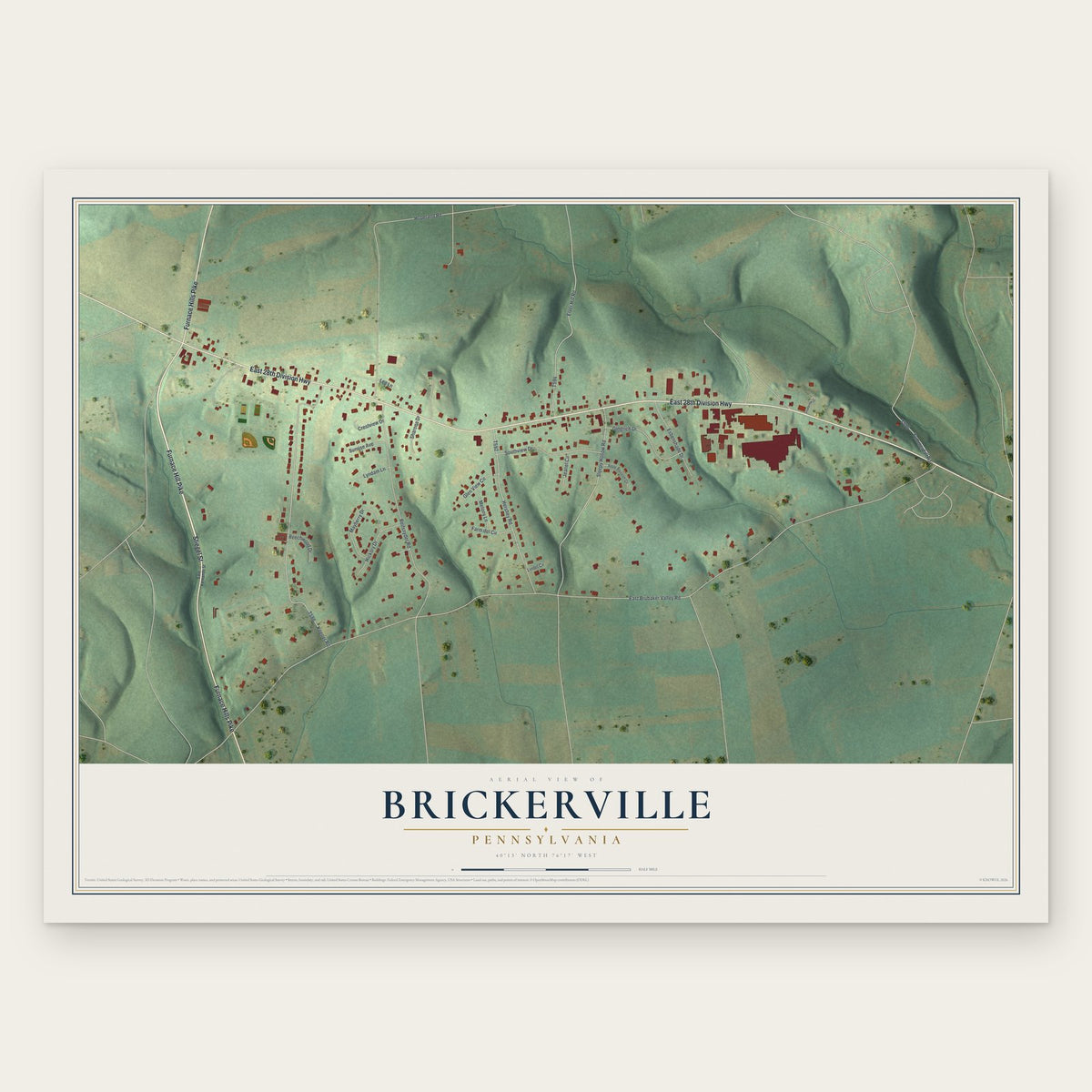 Brickerville, Pennsylvania map print, the full design