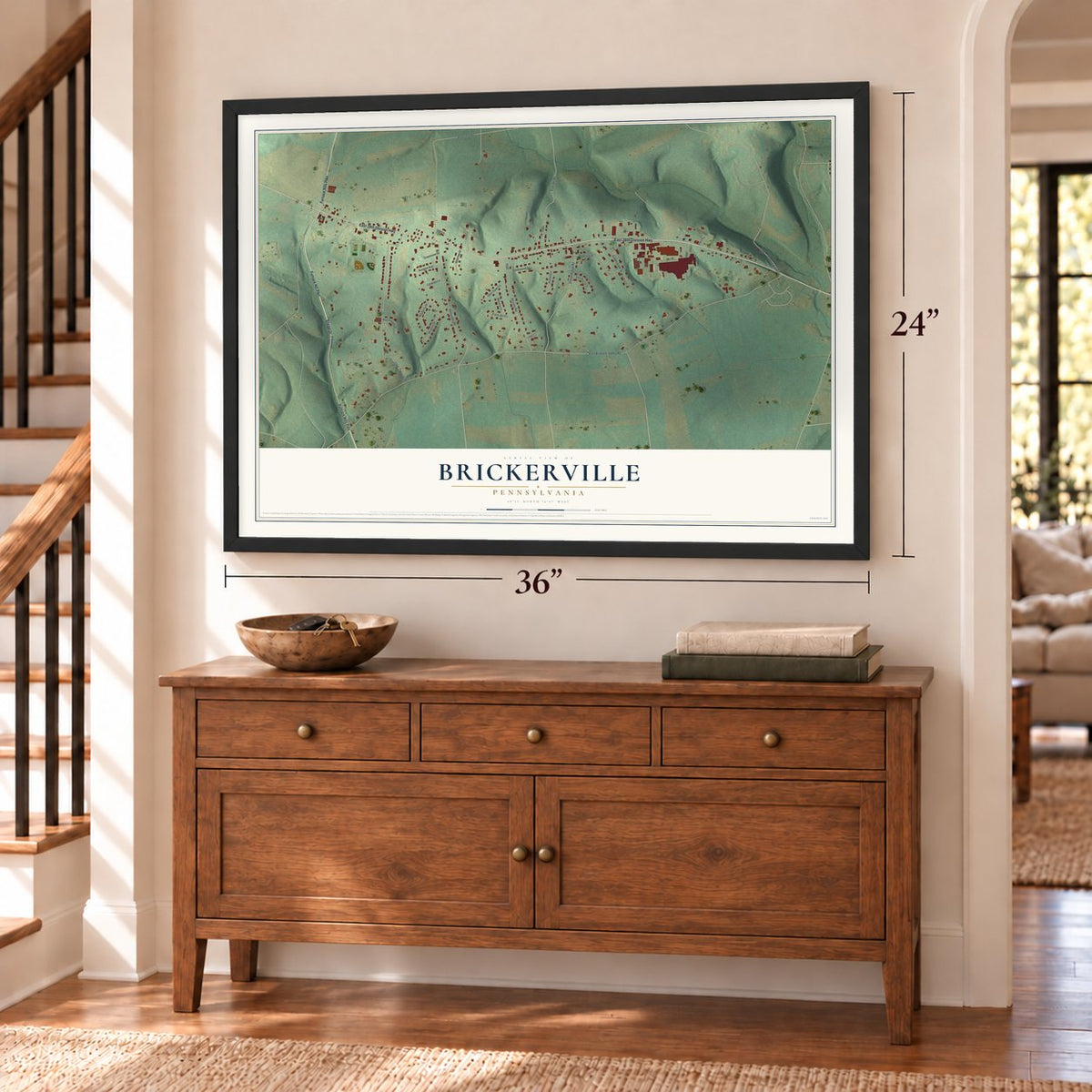 Brickerville, Pennsylvania map, 24 x 36 inch print in a black frame above a dresser by a staircase