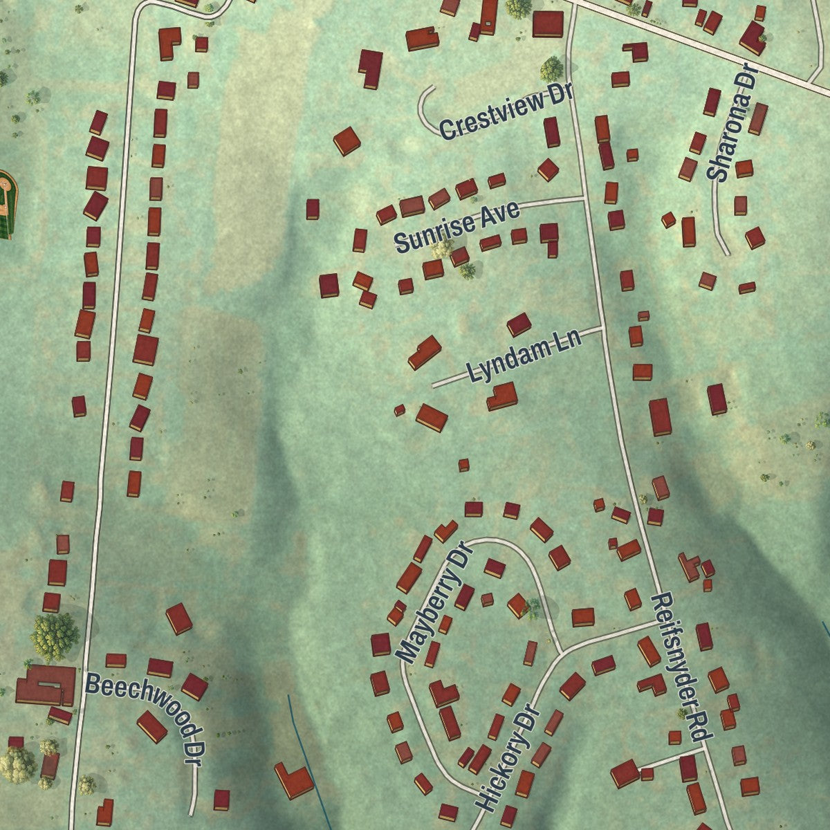 Close-up of the map of Brickerville, Pennsylvania print showing street and building detail