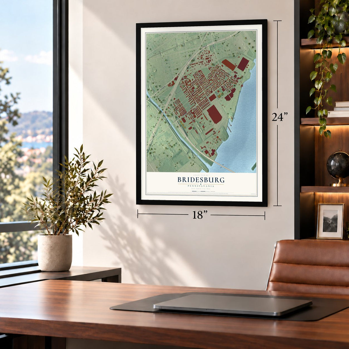 Bridesburg, Pennsylvania map, 18 x 24 inch print in a black frame in a home office