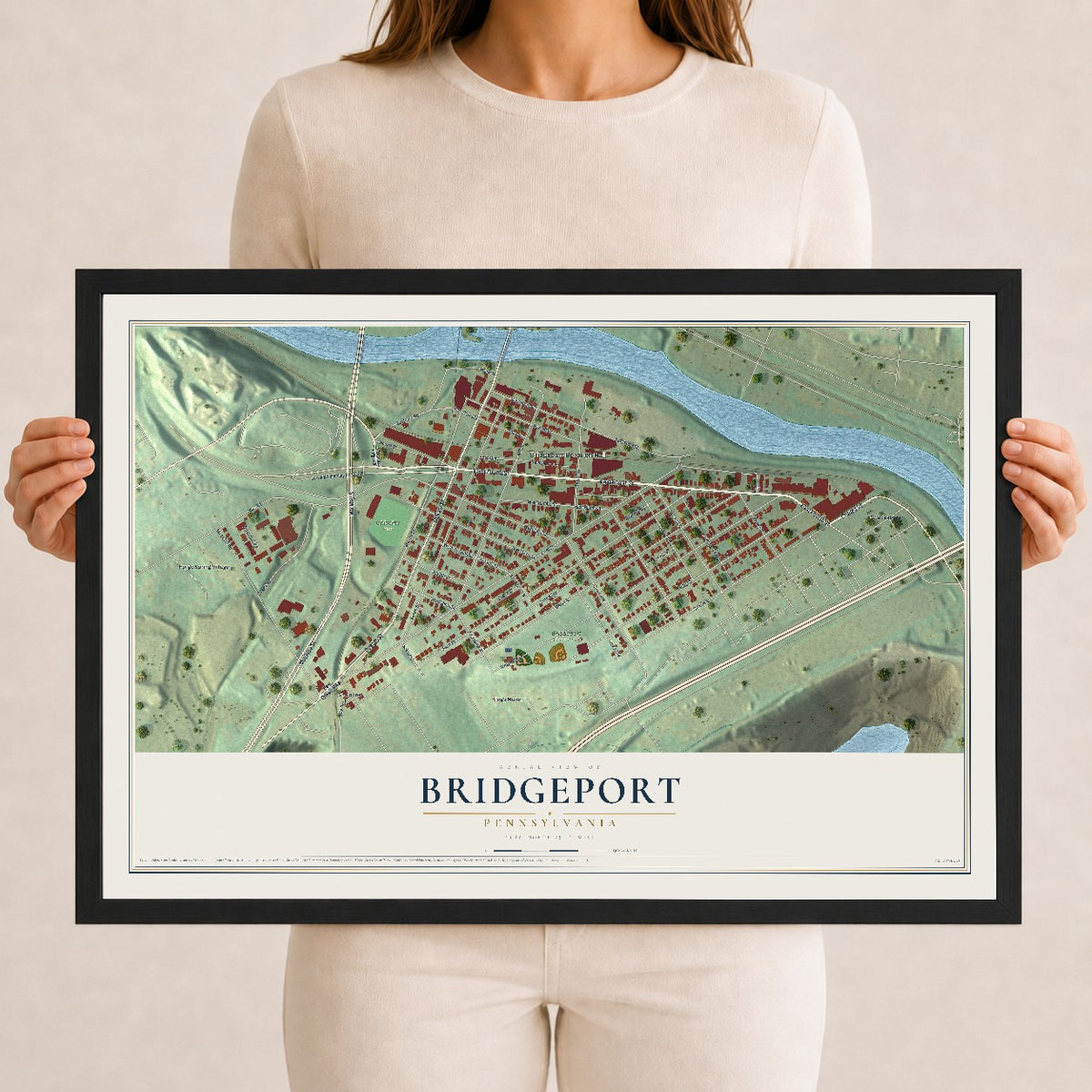 Map of Bridgeport, Pennsylvania, 12 x 18 inch print in a black wood frame