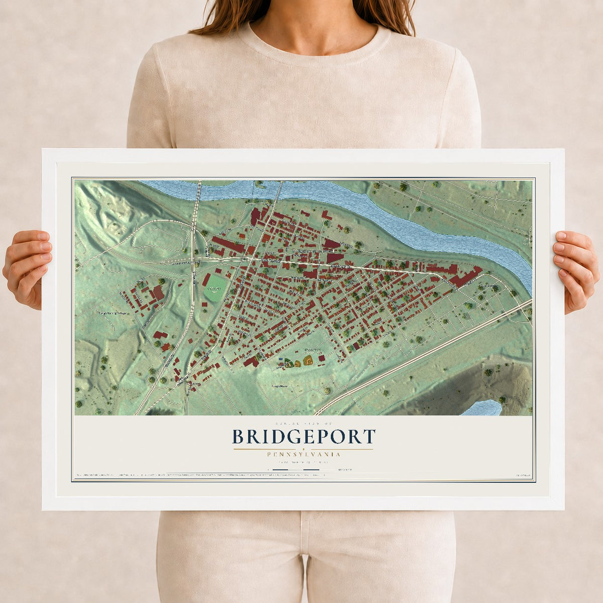 Map of Bridgeport, Pennsylvania, 12 x 18 inch print in a white wood frame
