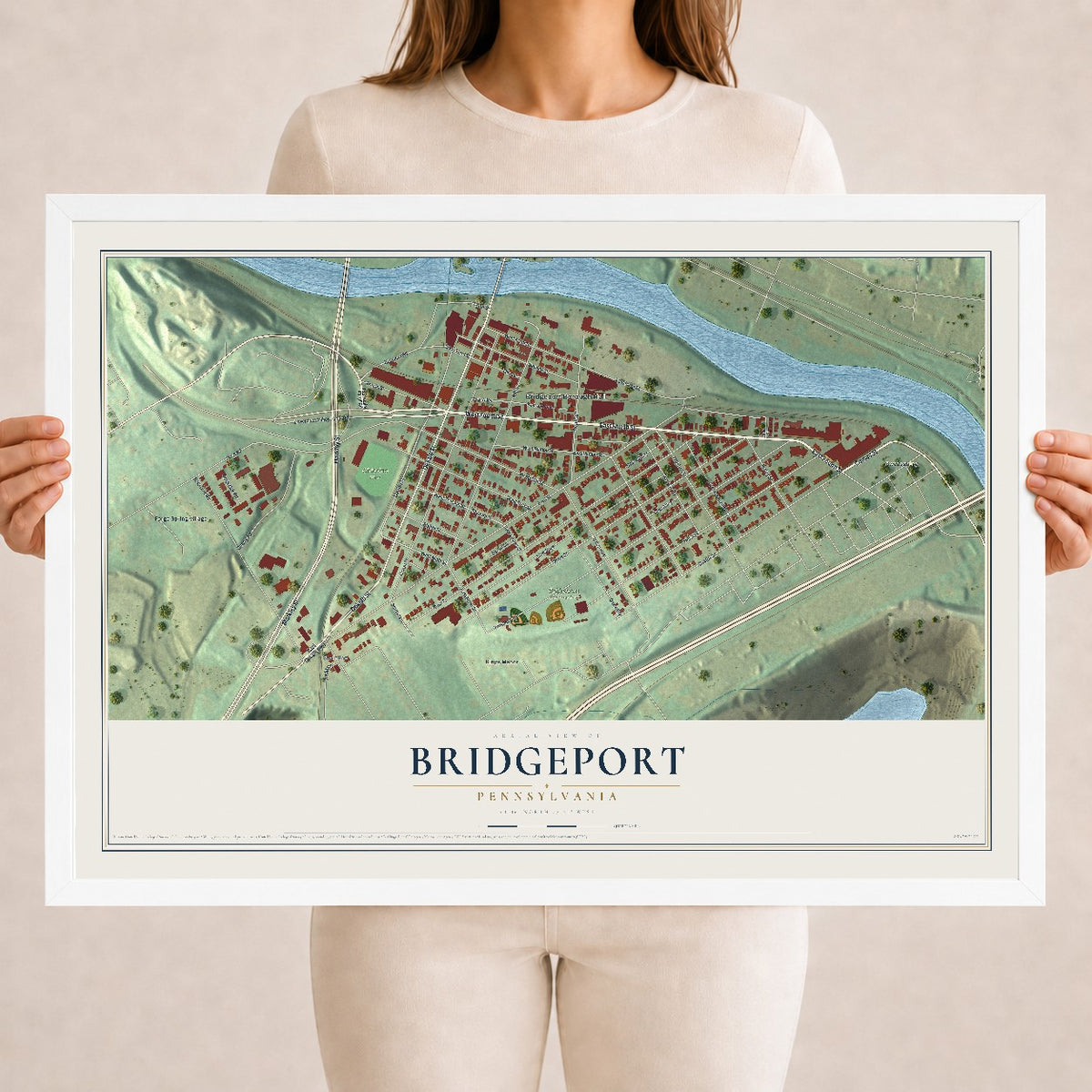 Map of Bridgeport, Pennsylvania, 18 x 24 inch print in a white wood frame