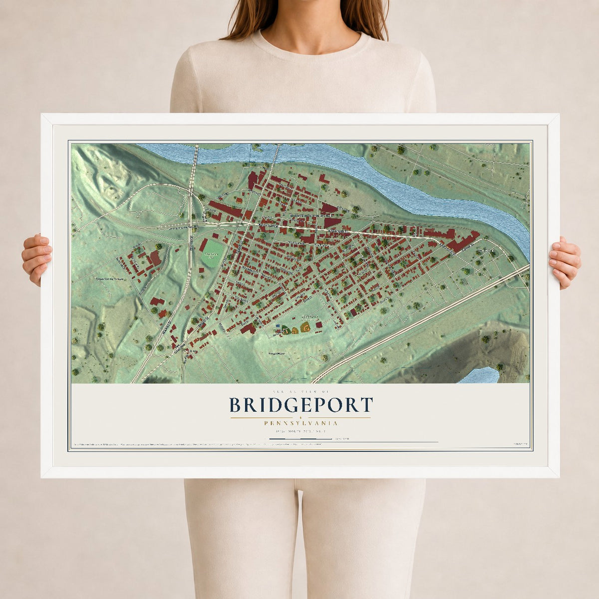 Map of Bridgeport, Pennsylvania, 24 x 36 inch print in a white wood frame