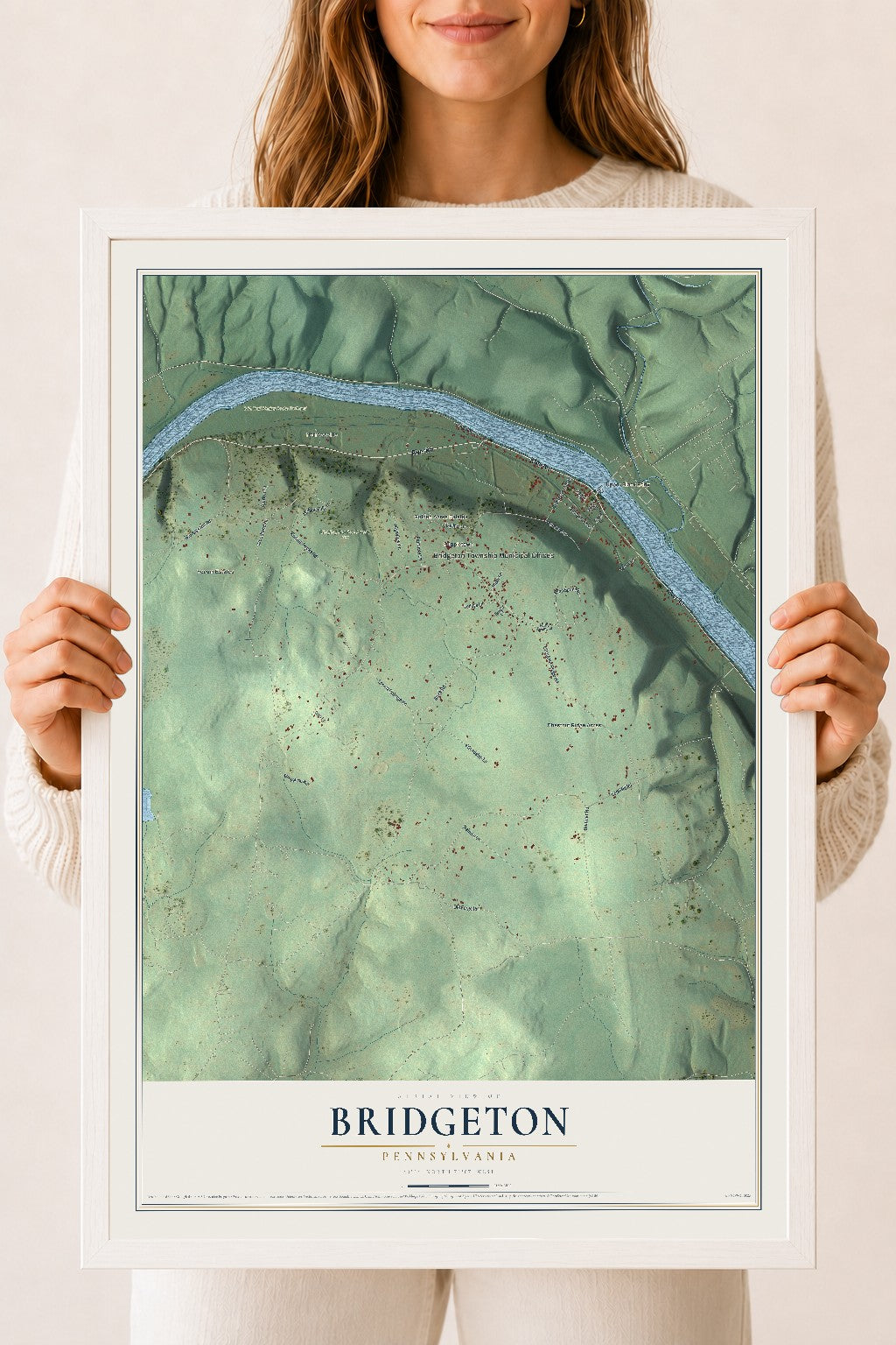 Map of Bridgeton, Pennsylvania, 18 x 24 inch print in a white wood frame
