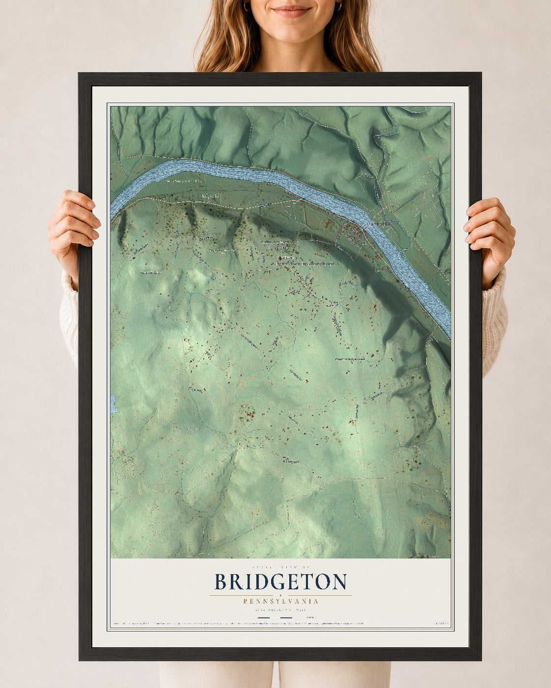 Map of Bridgeton, Pennsylvania, 24 x 36 inch print in a black wood frame