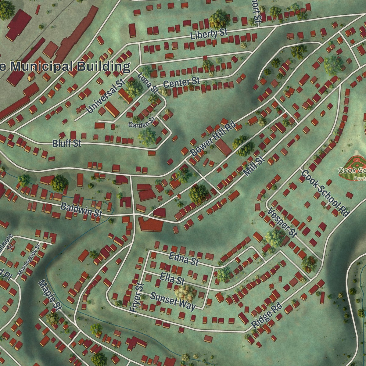 Close-up of the map of Bridgeville, Pennsylvania print showing street and building detail