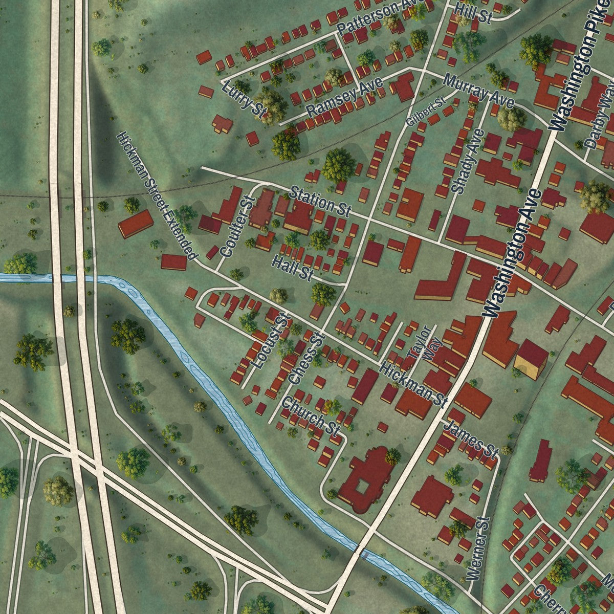 Second close-up of the map of Bridgeville, Pennsylvania print showing more streets and buildings