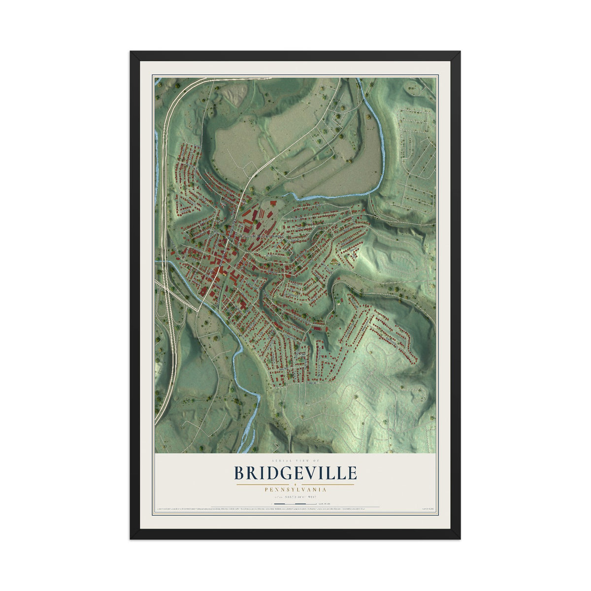 Map of Bridgeville, Pennsylvania, 12 x 18 inch print in a black wood frame