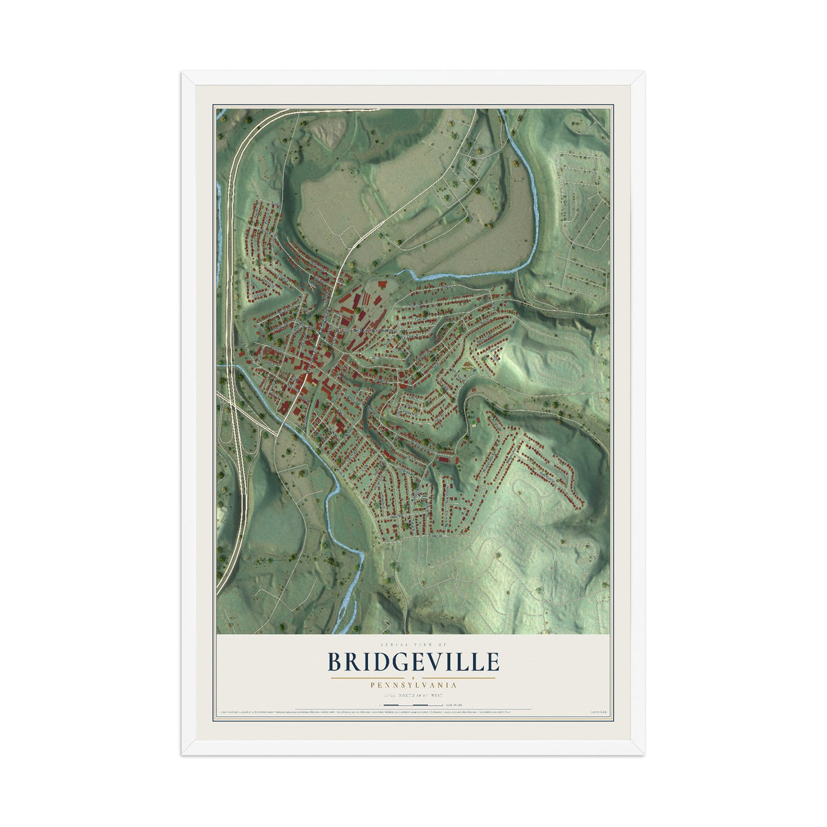 Map of Bridgeville, Pennsylvania, 12 x 18 inch print in a white wood frame