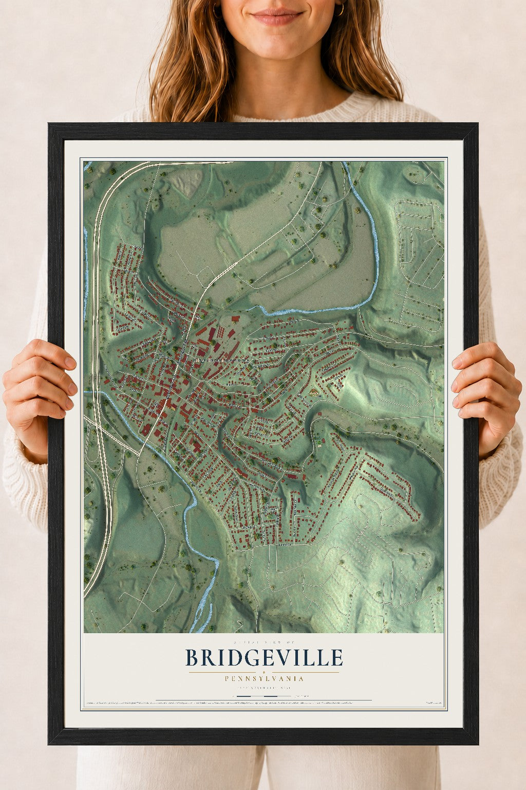 Map of Bridgeville, Pennsylvania, 18 x 24 inch print in a black wood frame