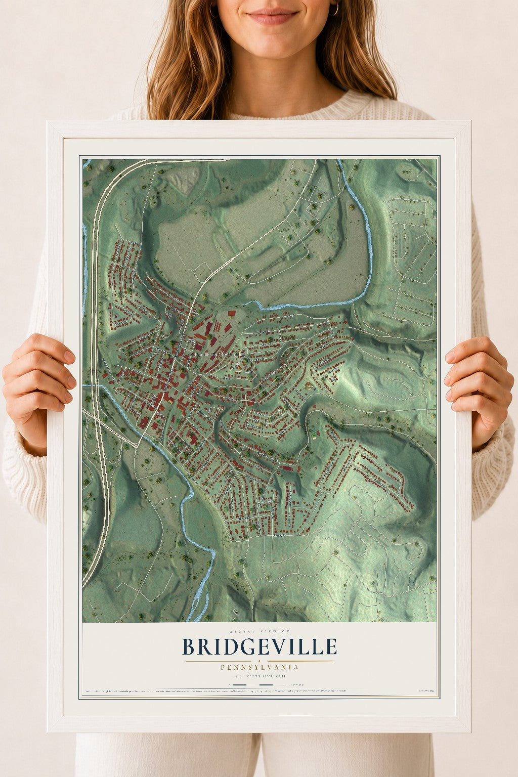 Map of Bridgeville, Pennsylvania, 18 x 24 inch print in a white wood frame