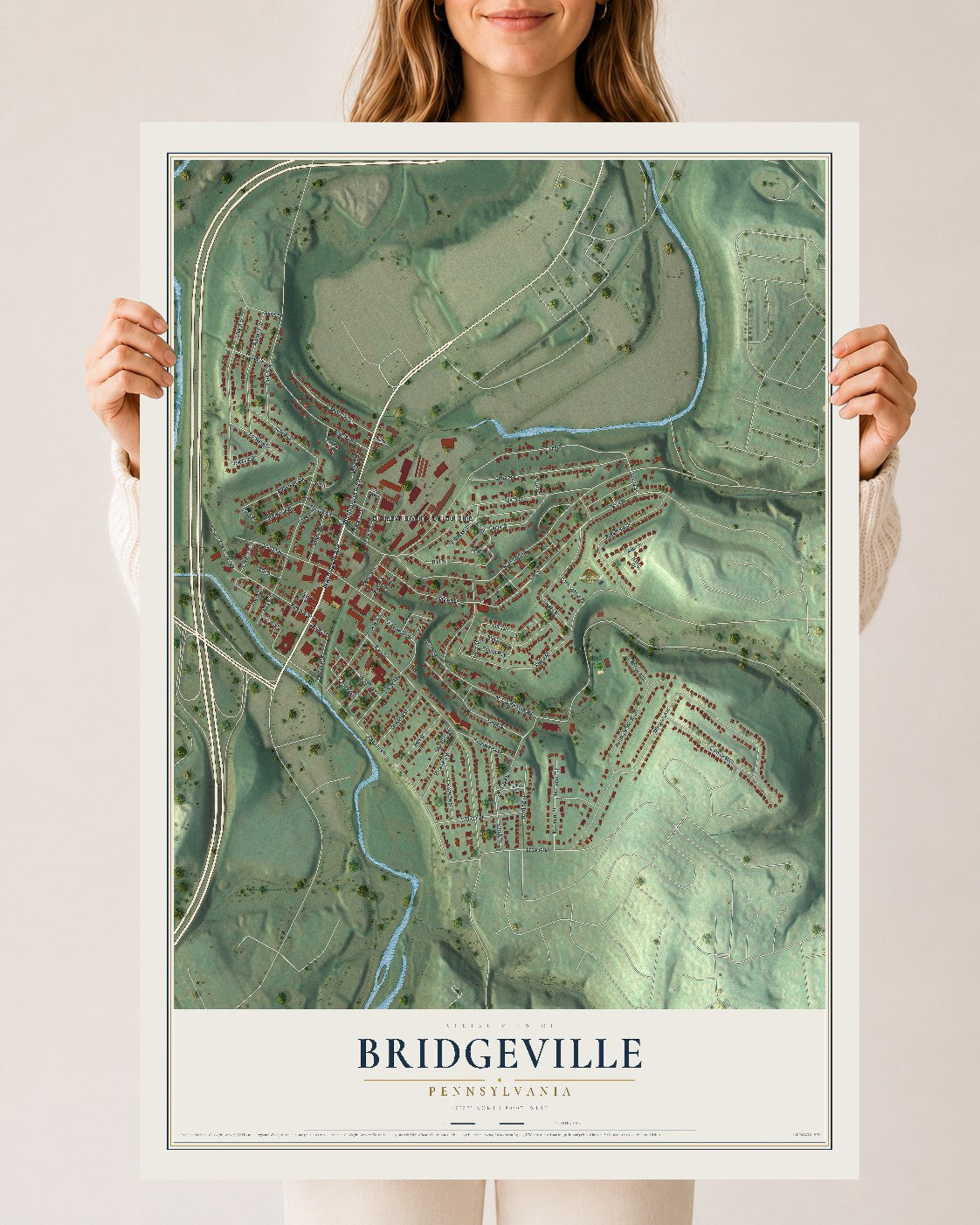 Map of Bridgeville, Pennsylvania, 24 x 36 inch unframed archival matte print
