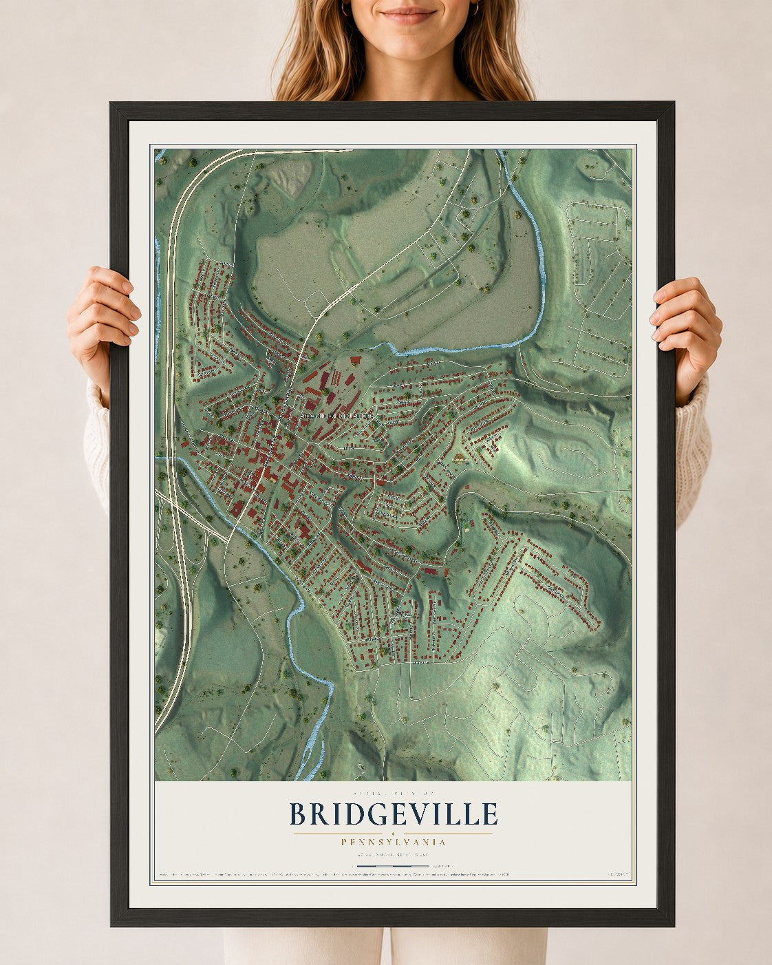 Map of Bridgeville, Pennsylvania, 24 x 36 inch print in a black wood frame