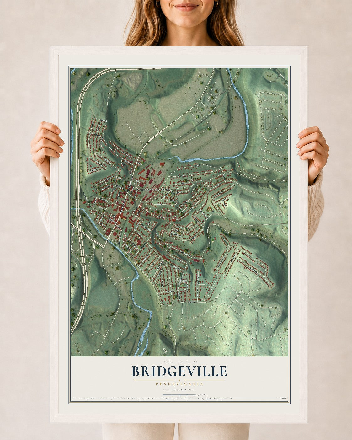 Map of Bridgeville, Pennsylvania, 24 x 36 inch print in a white wood frame