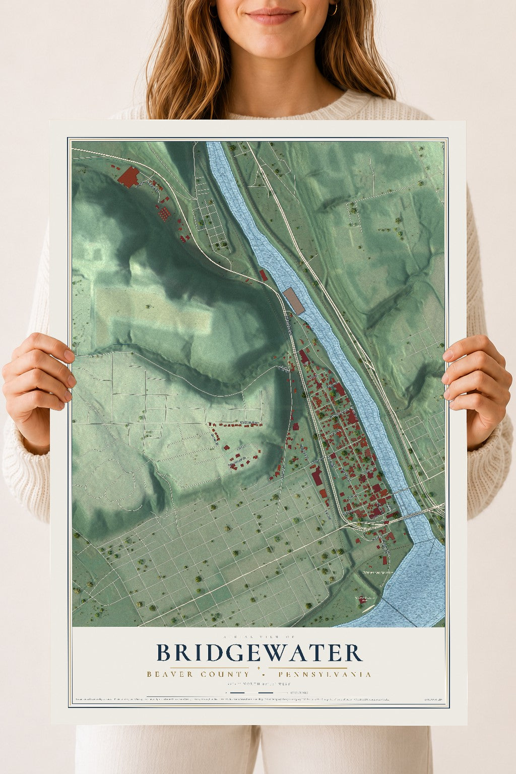 Map of Bridgewater, Beaver County, Pennsylvania, 18 x 24 inch unframed archival matte print