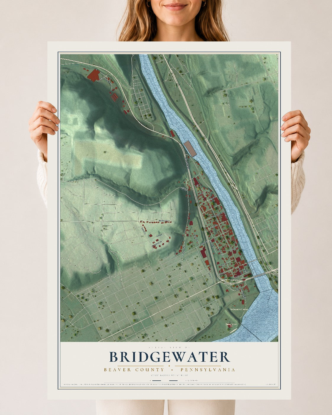 Map of Bridgewater, Beaver County, Pennsylvania, 24 x 36 inch unframed archival matte print