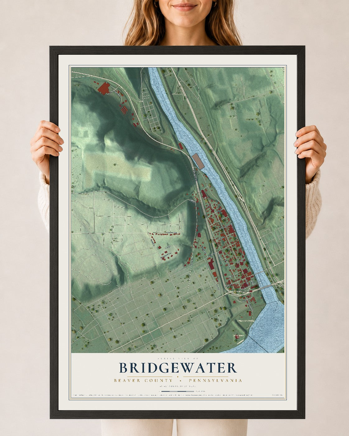 Map of Bridgewater, Beaver County, Pennsylvania, 24 x 36 inch print in a black wood frame
