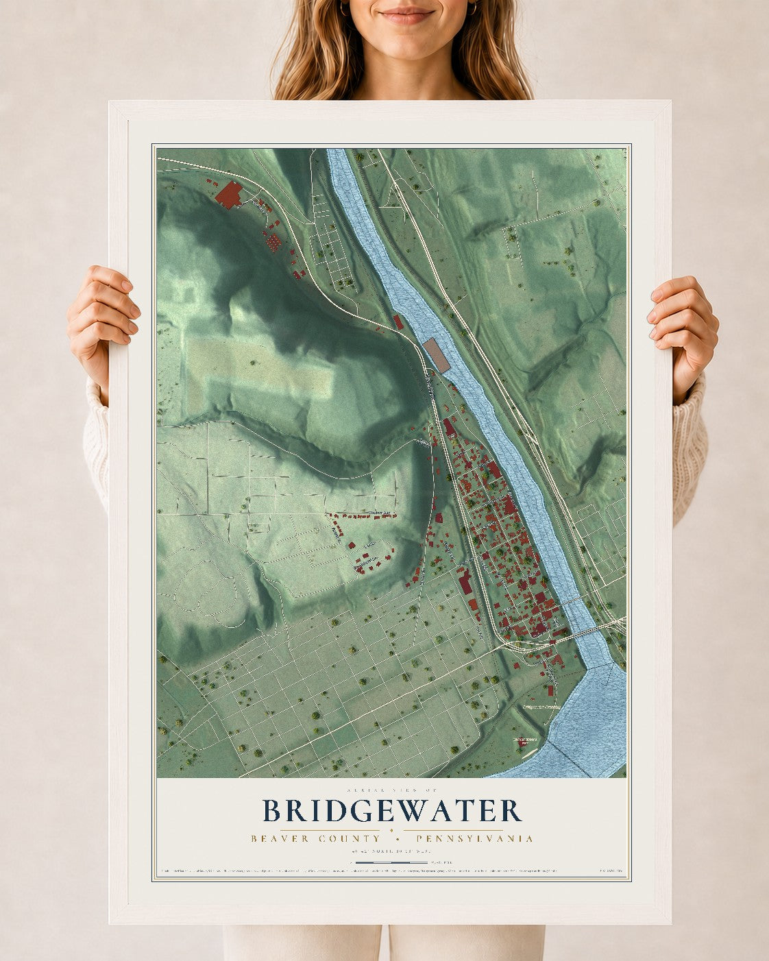 Map of Bridgewater, Beaver County, Pennsylvania, 24 x 36 inch print in a white wood frame