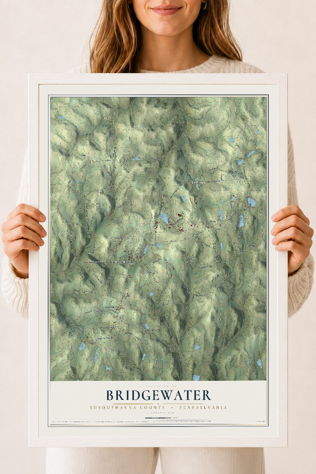 Map of Bridgewater, Susquehanna County, Pennsylvania, 18 x 24 inch print in a white wood frame
