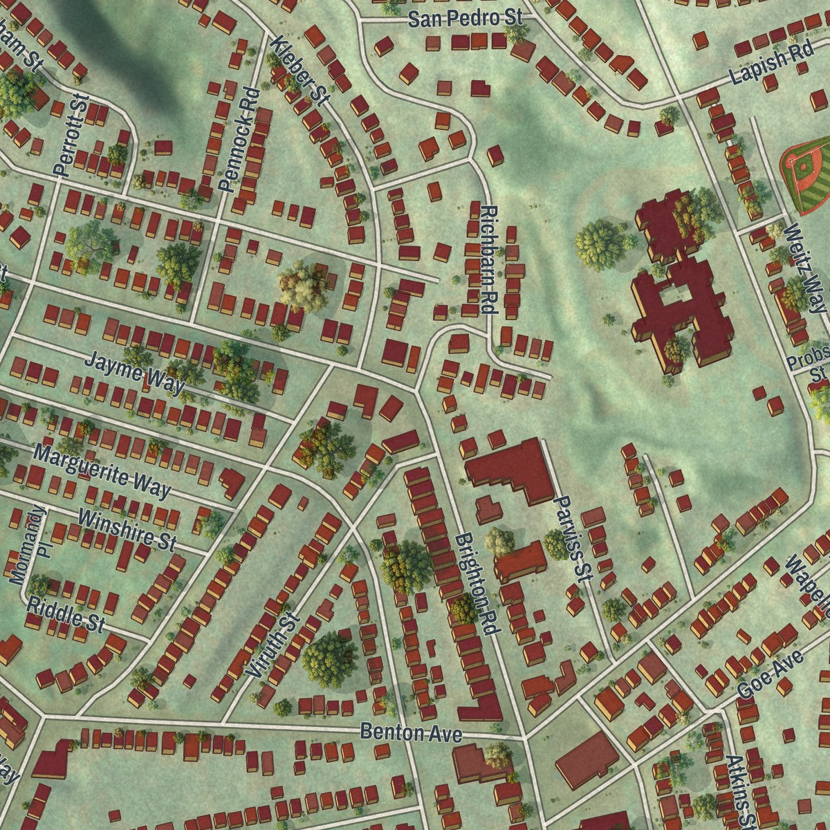 Close-up of the map of Brighton Heights, Pennsylvania print showing street and building detail