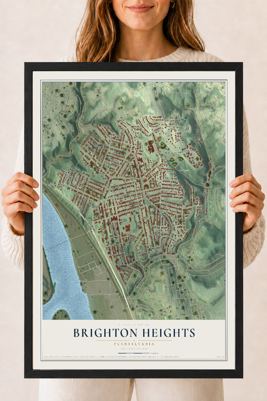Map of Brighton Heights, Pennsylvania, 18 x 24 inch print in a black wood frame
