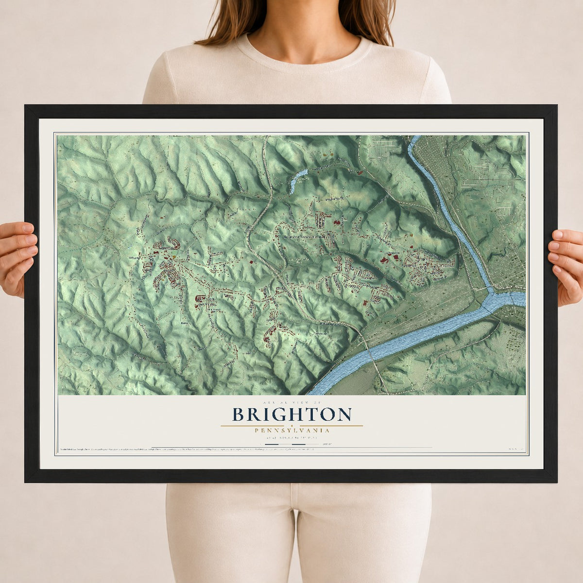 Map of Brighton, Pennsylvania, 18 x 24 inch print in a black wood frame