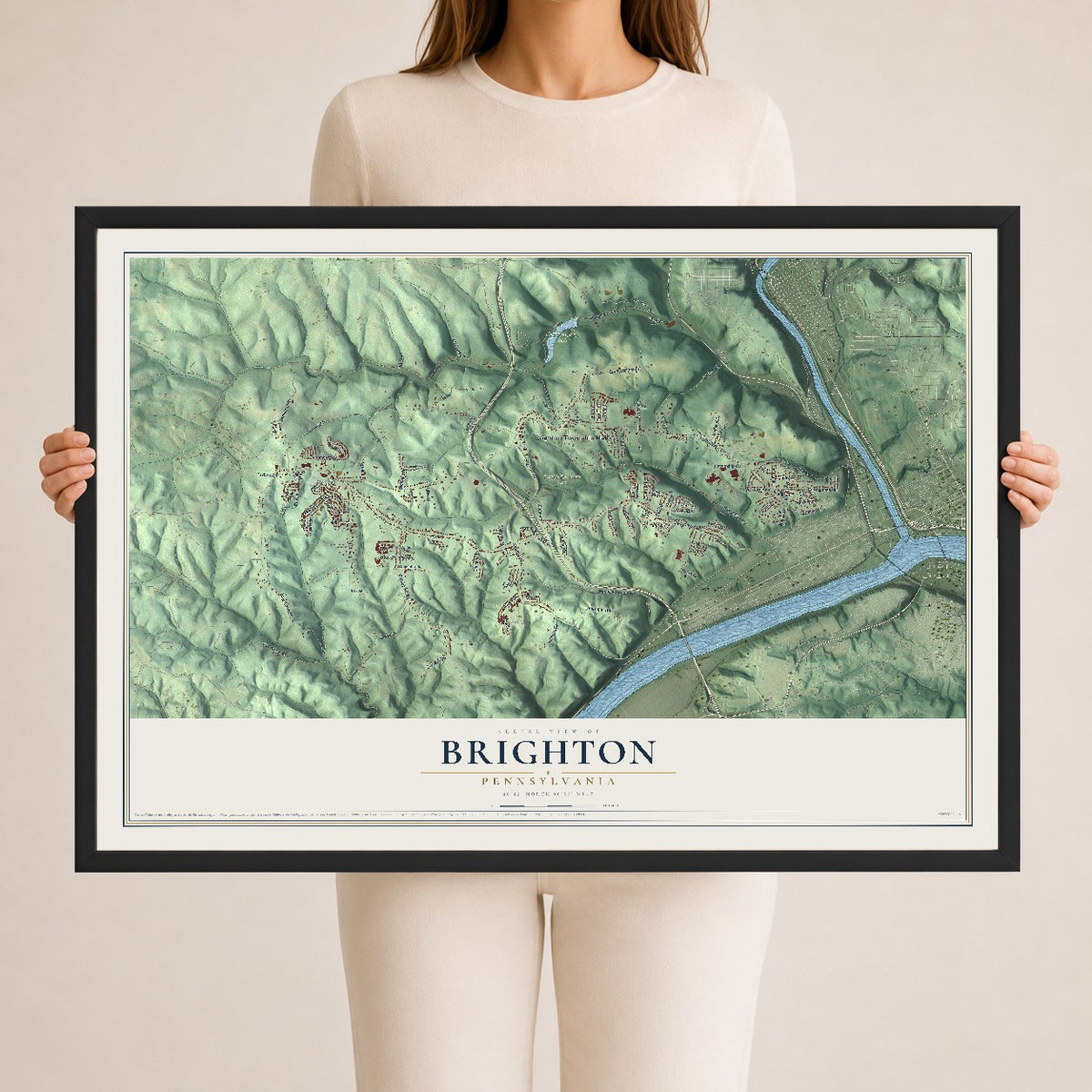 Map of Brighton, Pennsylvania, 24 x 36 inch print in a black wood frame