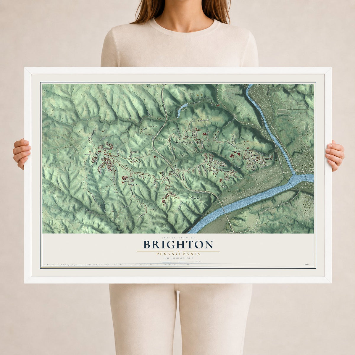 Map of Brighton, Pennsylvania, 24 x 36 inch print in a white wood frame