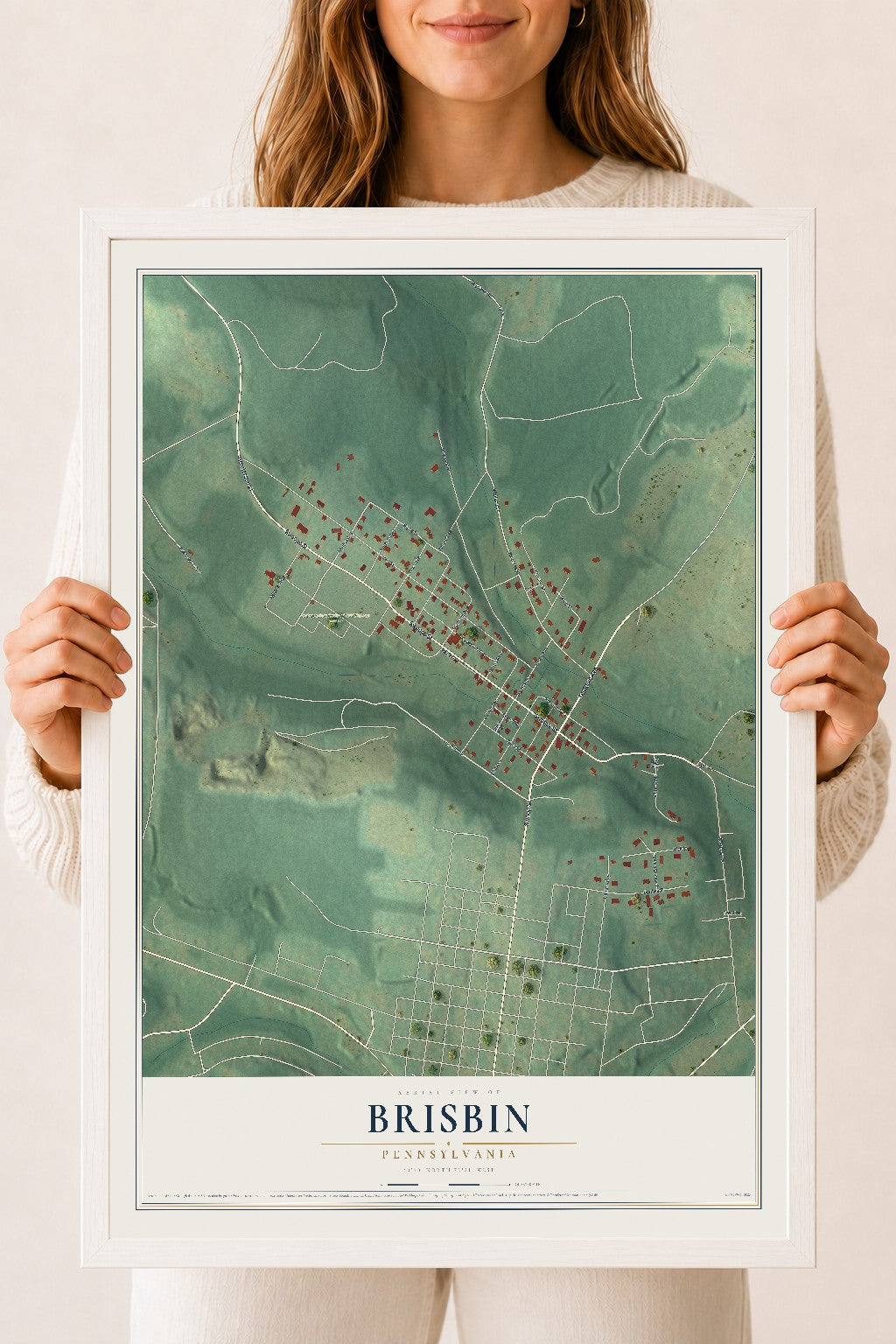 Map of Brisbin, Pennsylvania, 18 x 24 inch print in a white wood frame