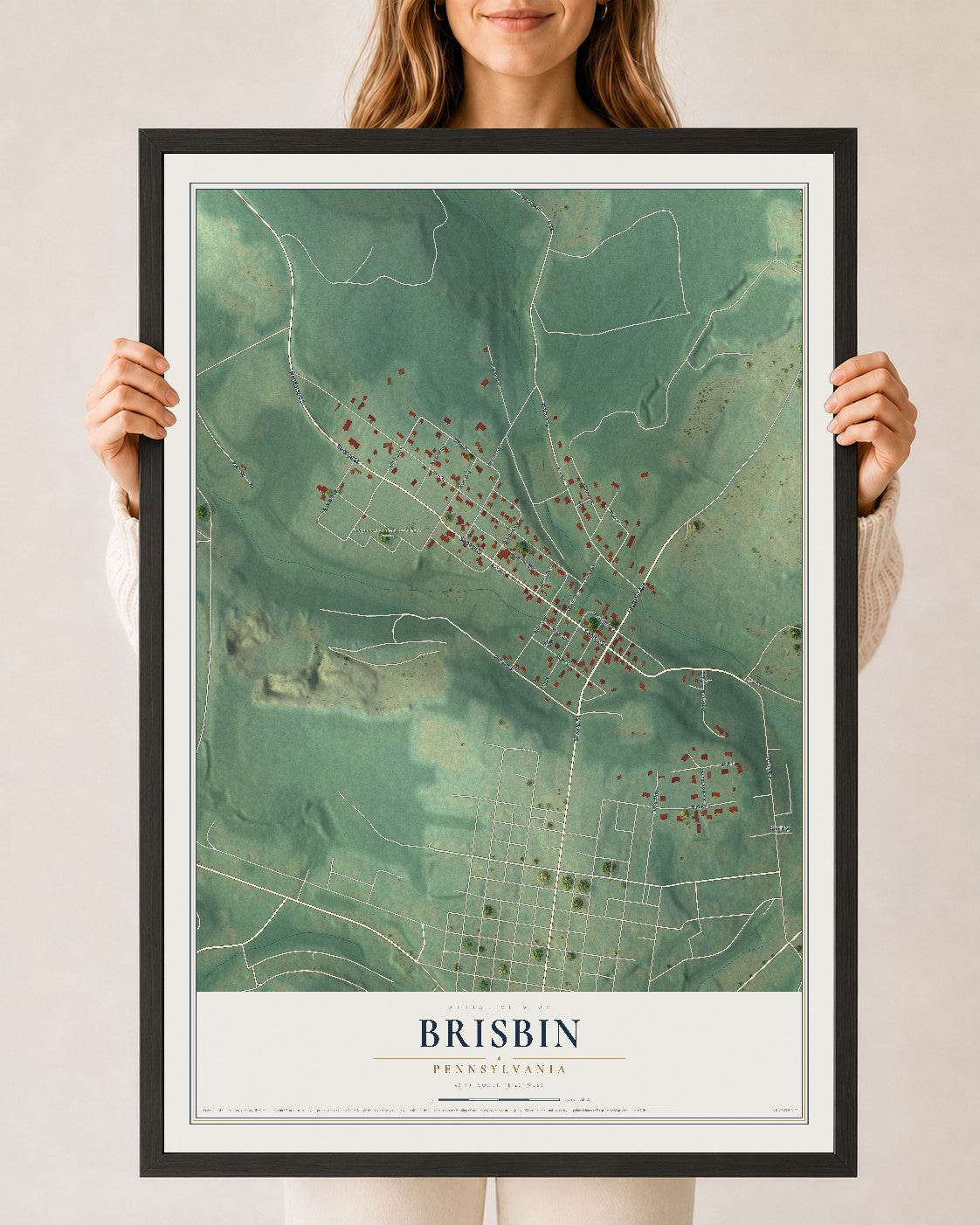 Map of Brisbin, Pennsylvania, 24 x 36 inch print in a black wood frame