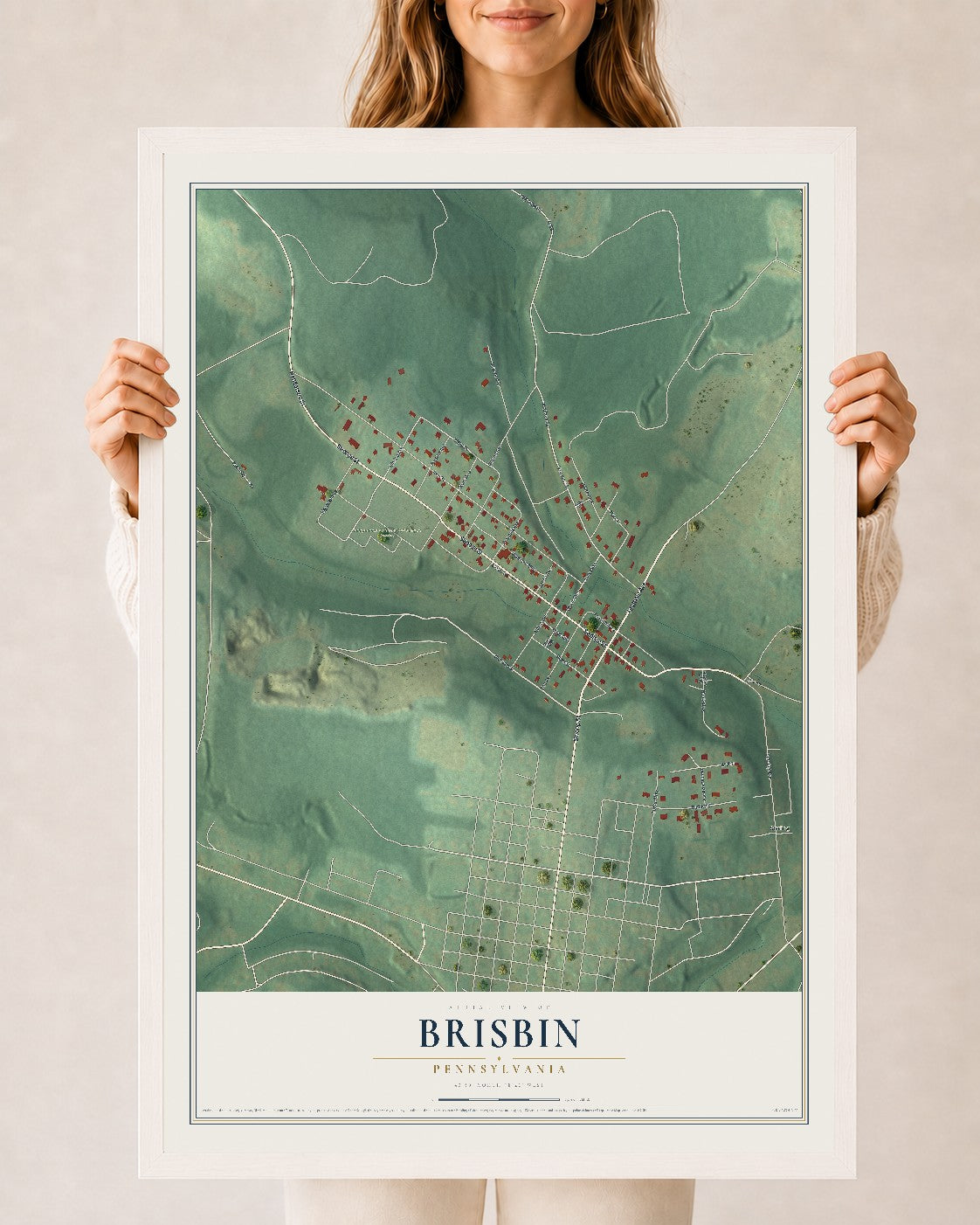 Map of Brisbin, Pennsylvania, 24 x 36 inch print in a white wood frame