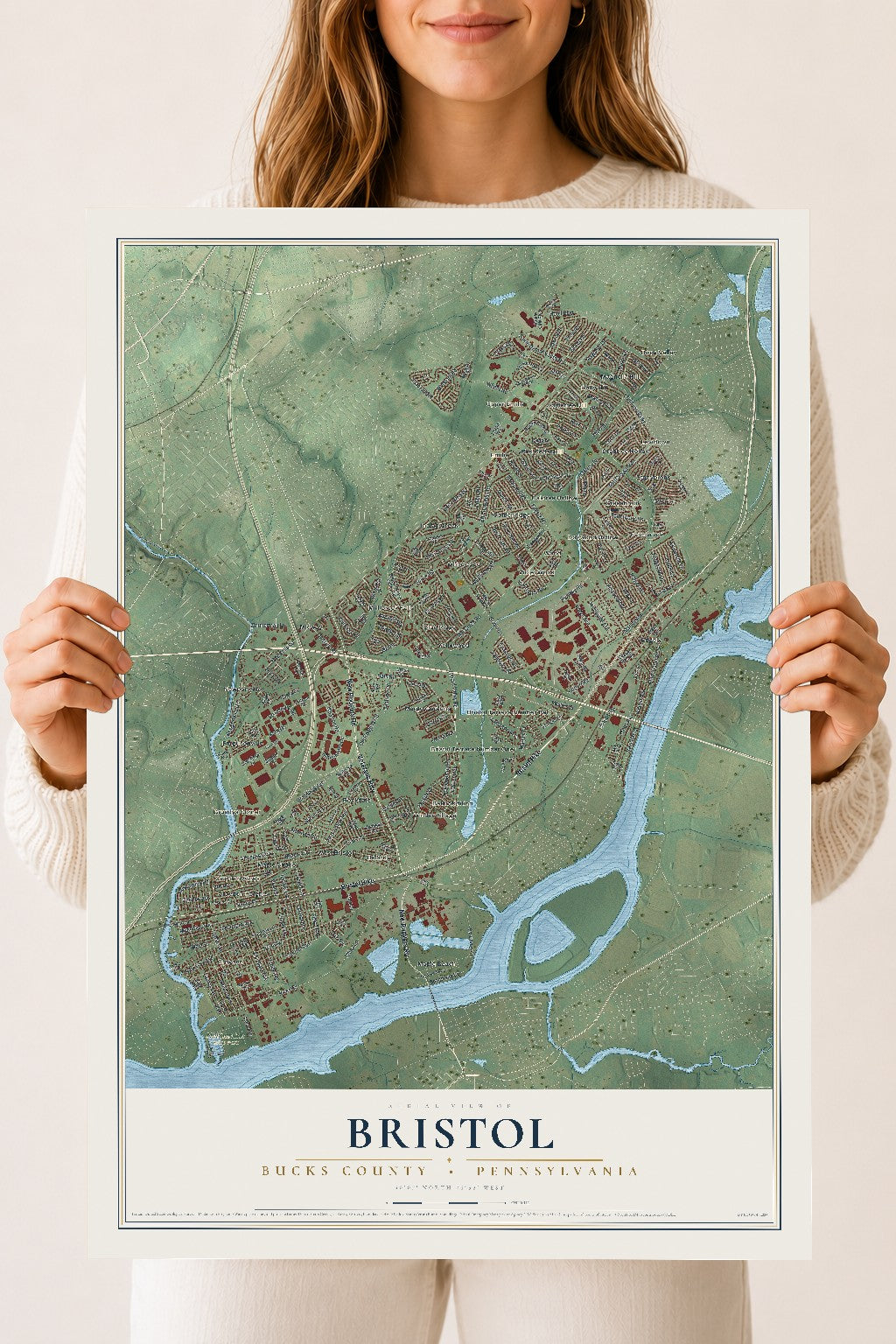 Map of Bristol, Bucks County, Pennsylvania, 18 x 24 inch unframed archival matte print
