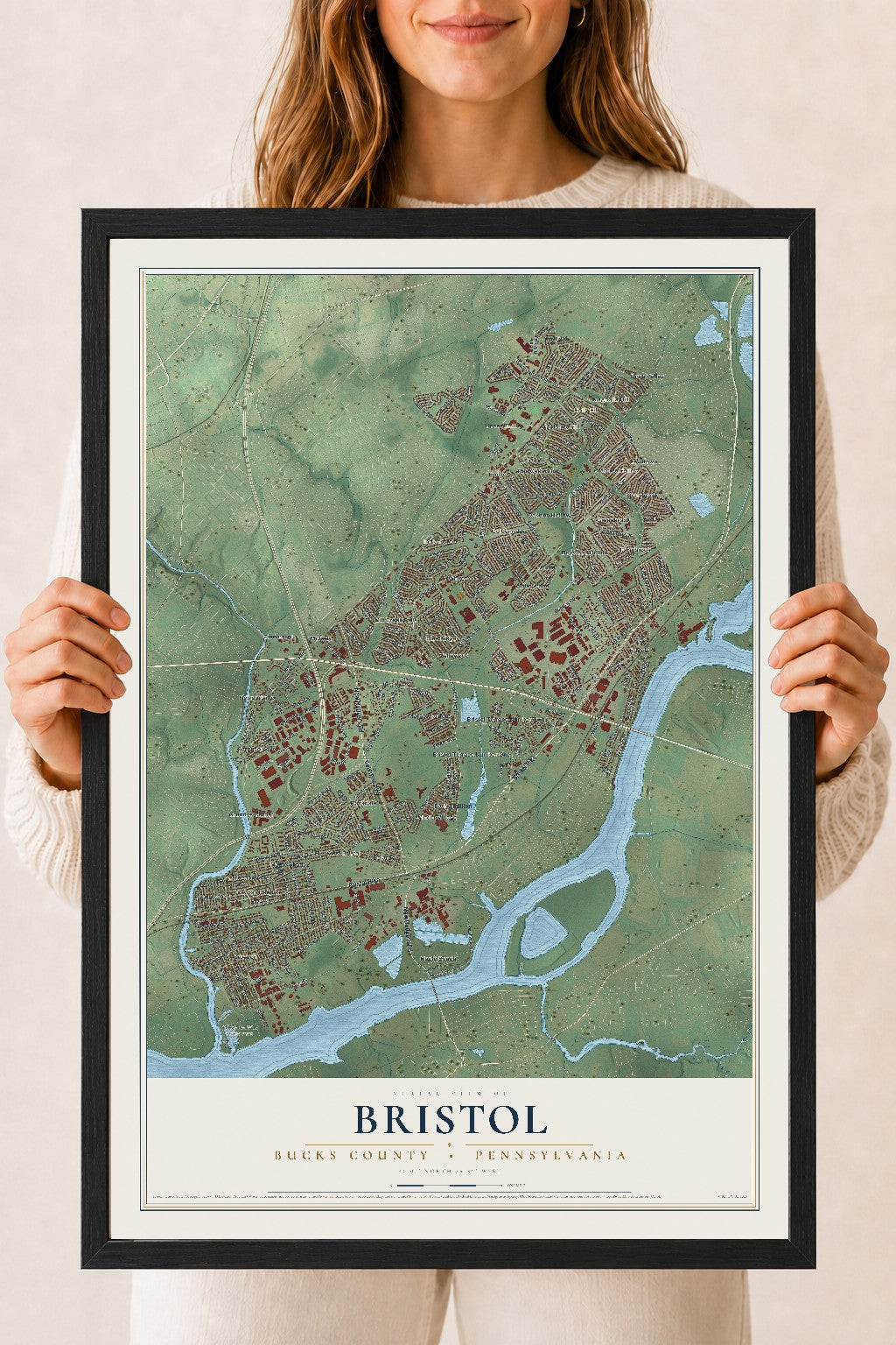 Map of Bristol, Bucks County, Pennsylvania, 18 x 24 inch print in a black wood frame