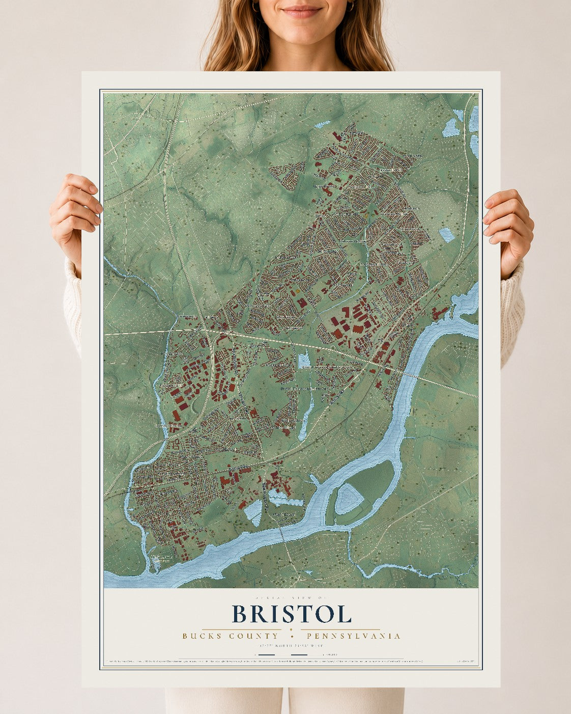 Map of Bristol, Bucks County, Pennsylvania, 24 x 36 inch unframed archival matte print