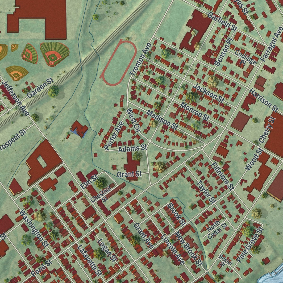 Close-up of the map of the Borough of Bristol, Bucks County, Pennsylvania print showing street and building detail