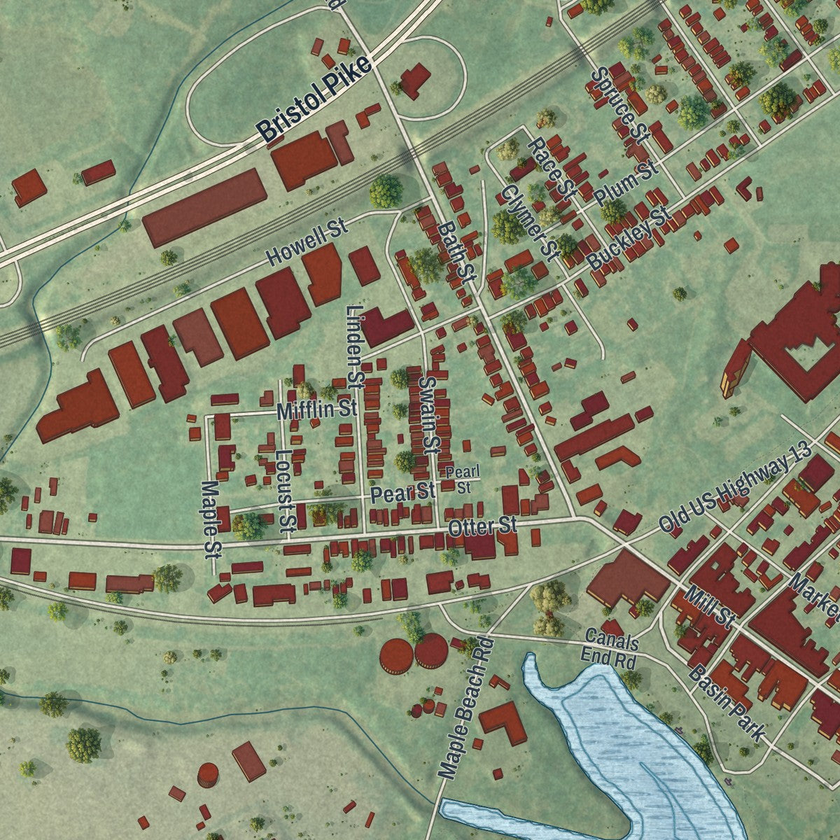 Second close-up of the map of the Borough of Bristol, Bucks County, Pennsylvania print showing more streets and buildings