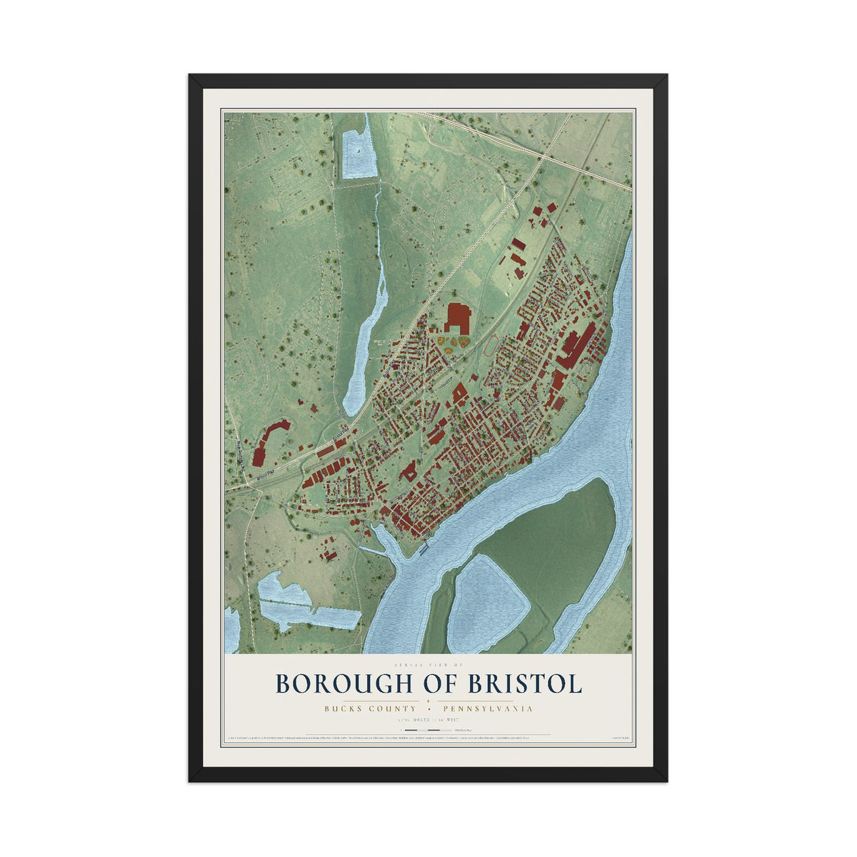 Map of the Borough of Bristol, Bucks County, Pennsylvania, 12 x 18 inch print in a black wood frame