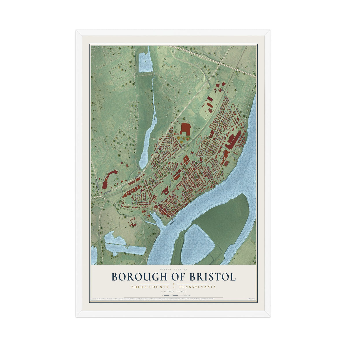 Map of the Borough of Bristol, Bucks County, Pennsylvania, 12 x 18 inch print in a white wood frame