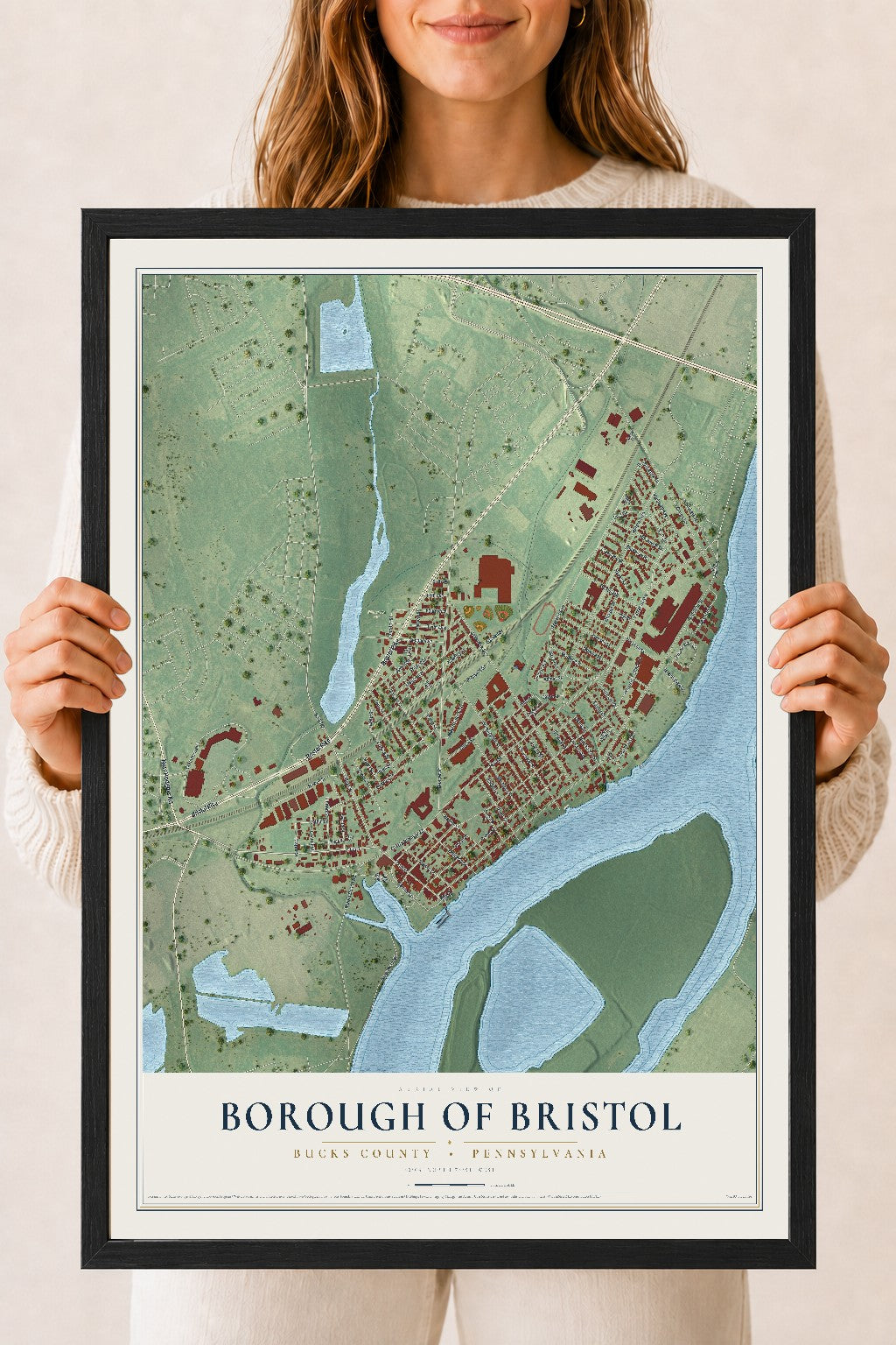 Map of the Borough of Bristol, Bucks County, Pennsylvania, 18 x 24 inch print in a black wood frame