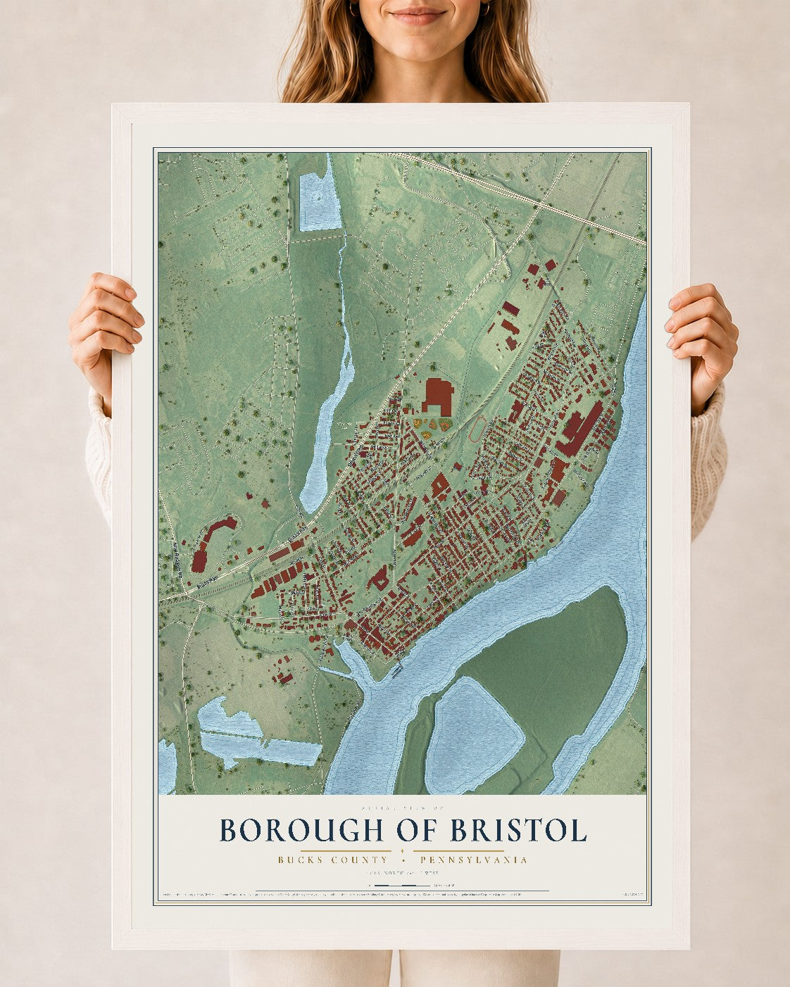 Map of the Borough of Bristol, Bucks County, Pennsylvania, 24 x 36 inch print in a white wood frame