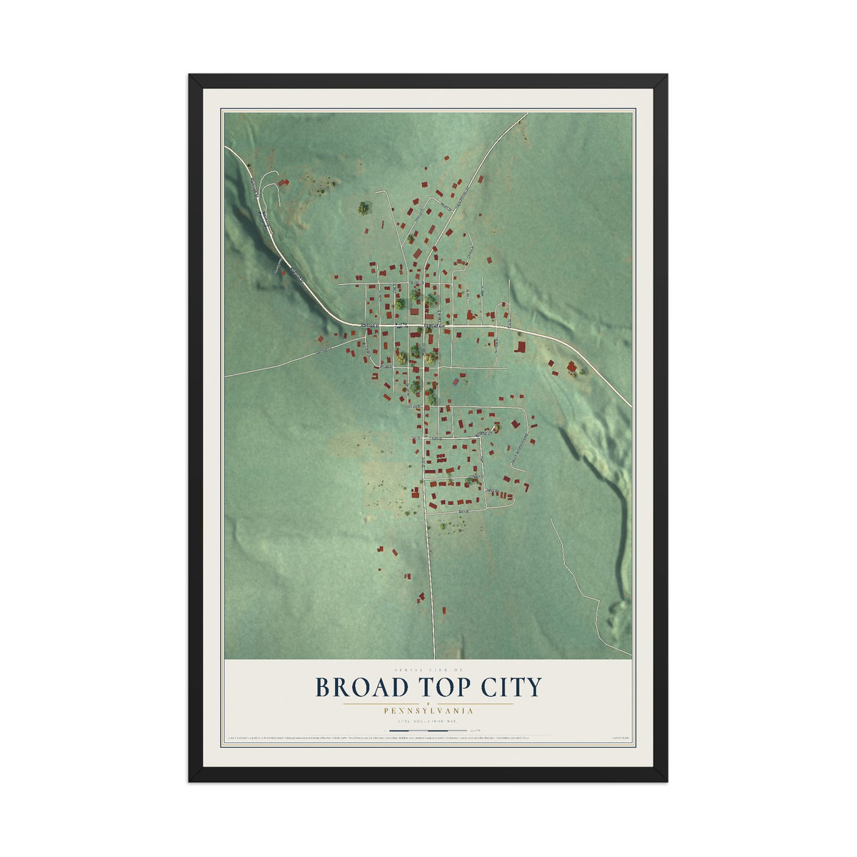 Map of Broad Top City, Pennsylvania, 12 x 18 inch print in a black wood frame