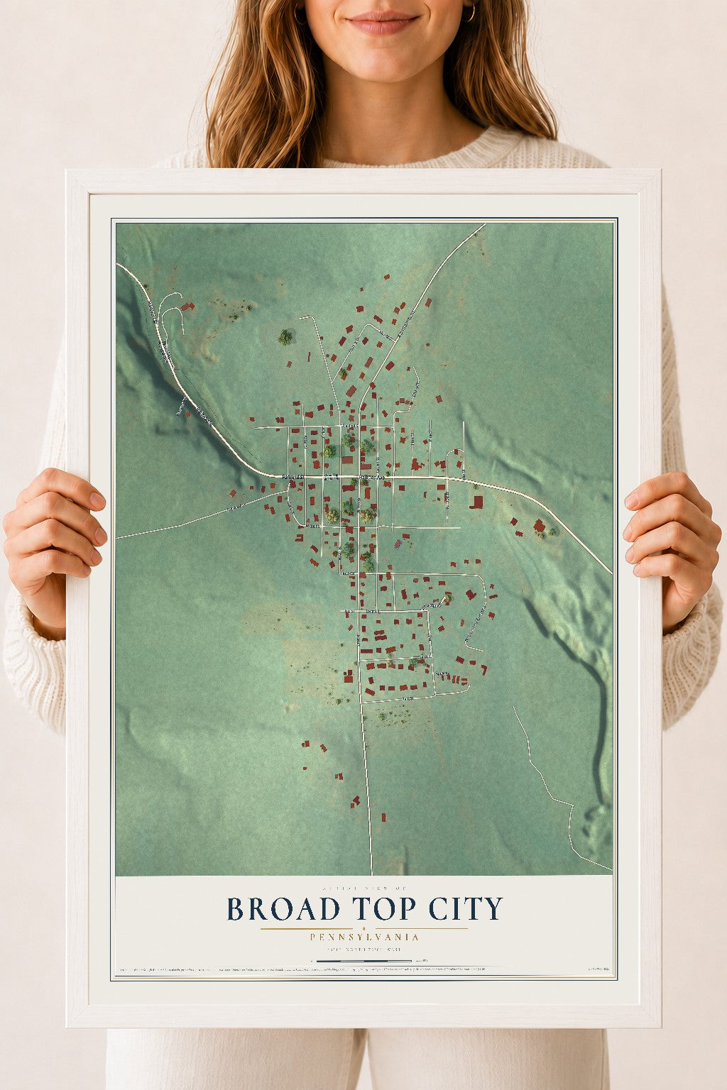 Map of Broad Top City, Pennsylvania, 18 x 24 inch print in a white wood frame