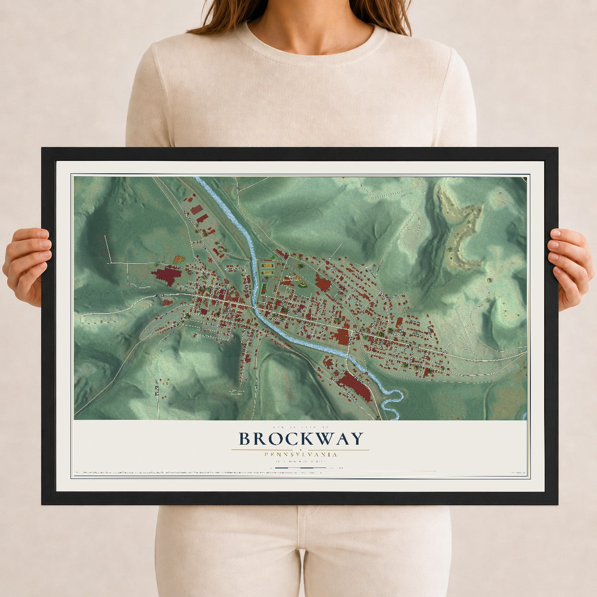 Map of Brockway, Pennsylvania, 12 x 18 inch print in a black wood frame