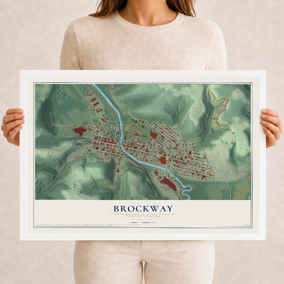 Map of Brockway, Pennsylvania, 12 x 18 inch print in a white wood frame