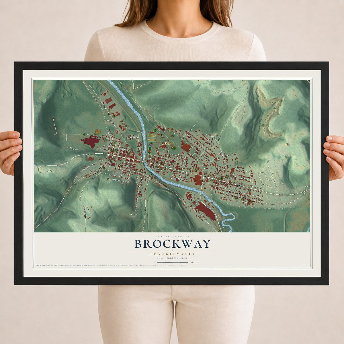 Map of Brockway, Pennsylvania, 18 x 24 inch print in a black wood frame