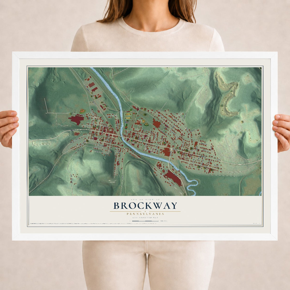 Map of Brockway, Pennsylvania, 18 x 24 inch print in a white wood frame