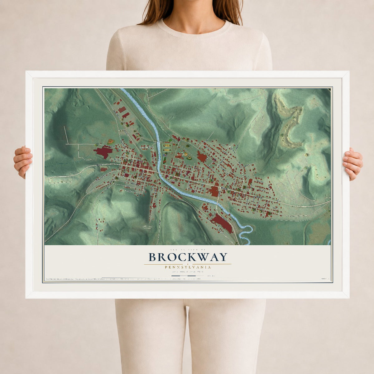 Map of Brockway, Pennsylvania, 24 x 36 inch print in a white wood frame