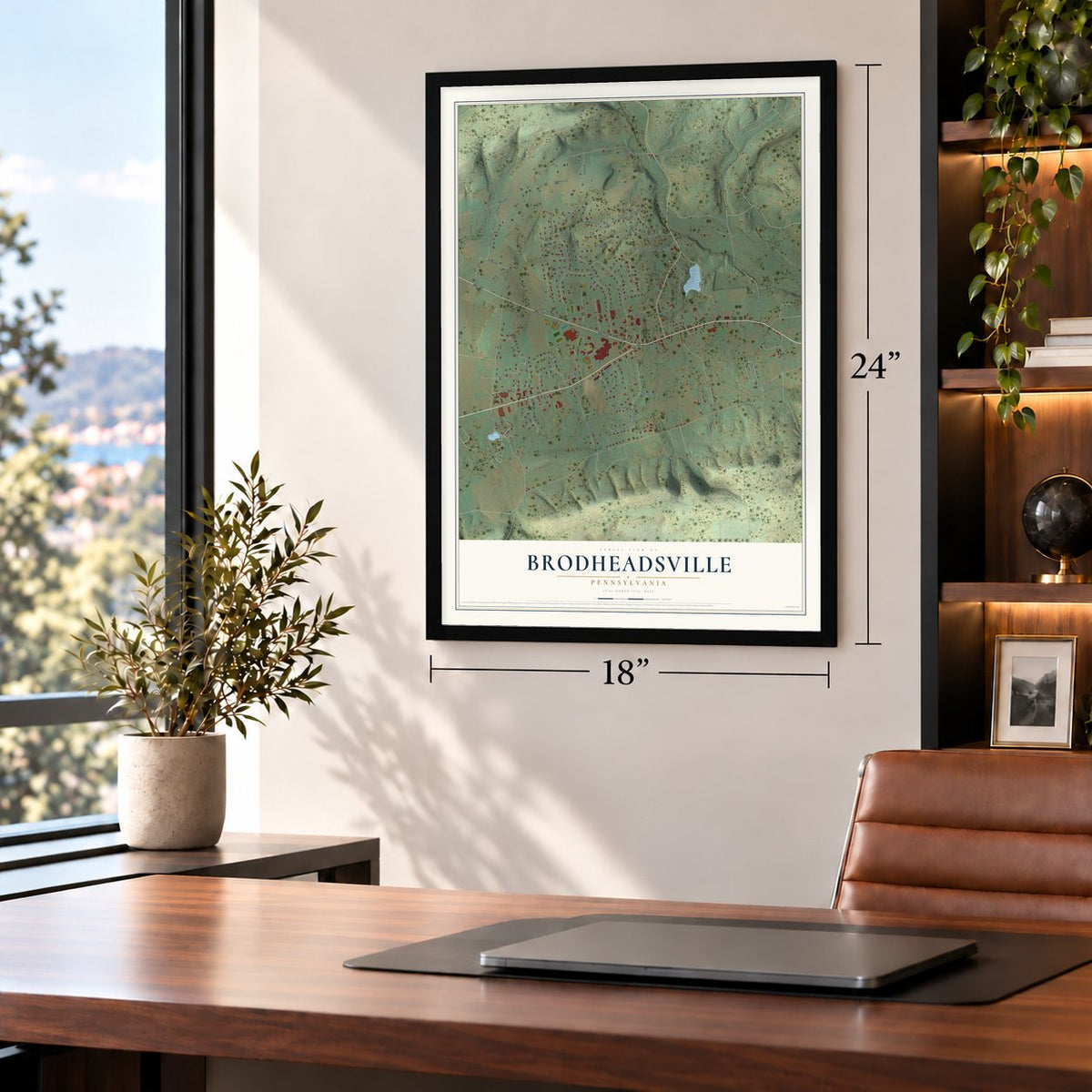 Brodheadsville, Pennsylvania map, 18 x 24 inch print in a black frame in a home office