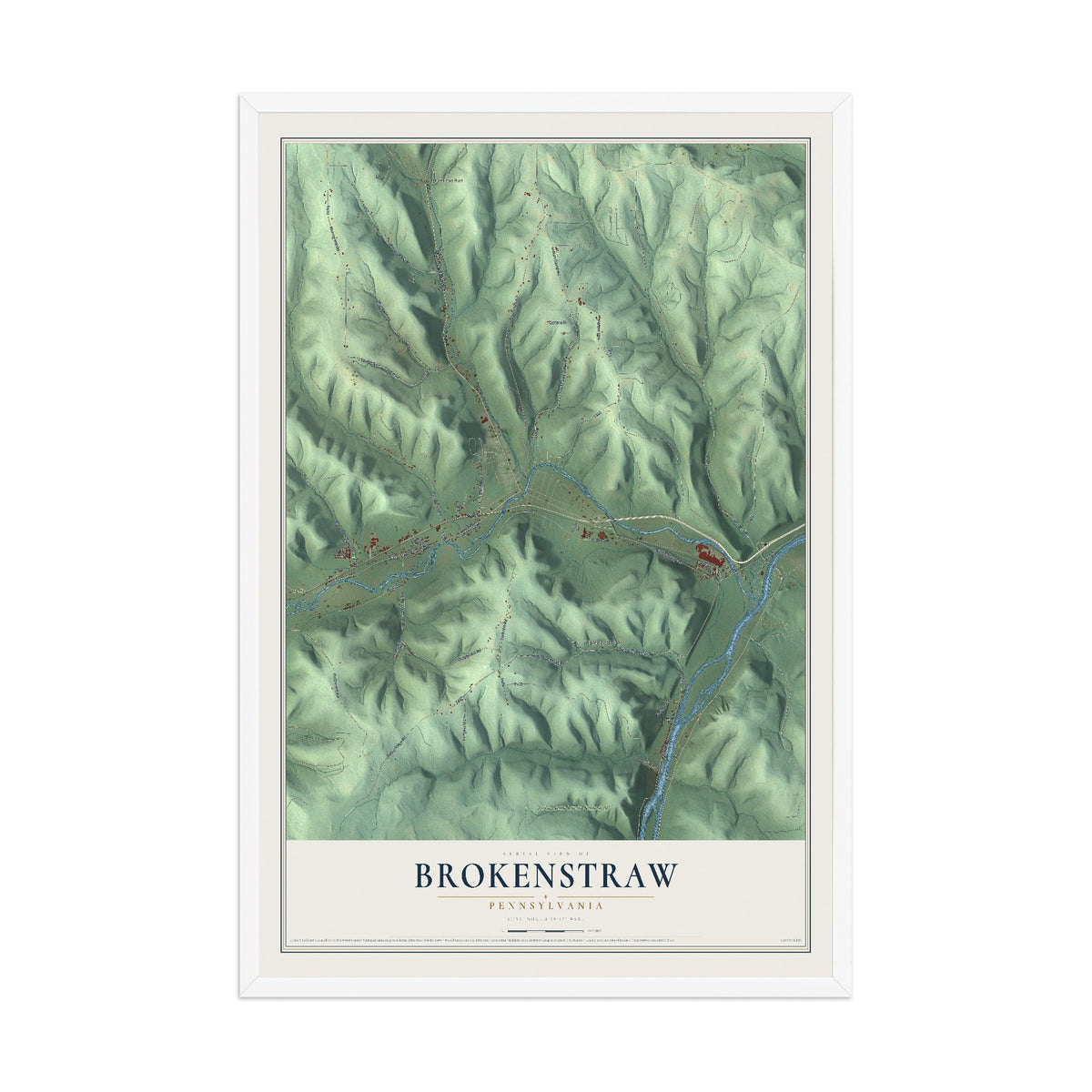 Map of Brokenstraw, Pennsylvania, 12 x 18 inch print in a white wood frame
